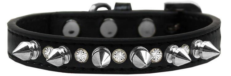 Crystal and Silver Spikes Dog Collar Black Size 16